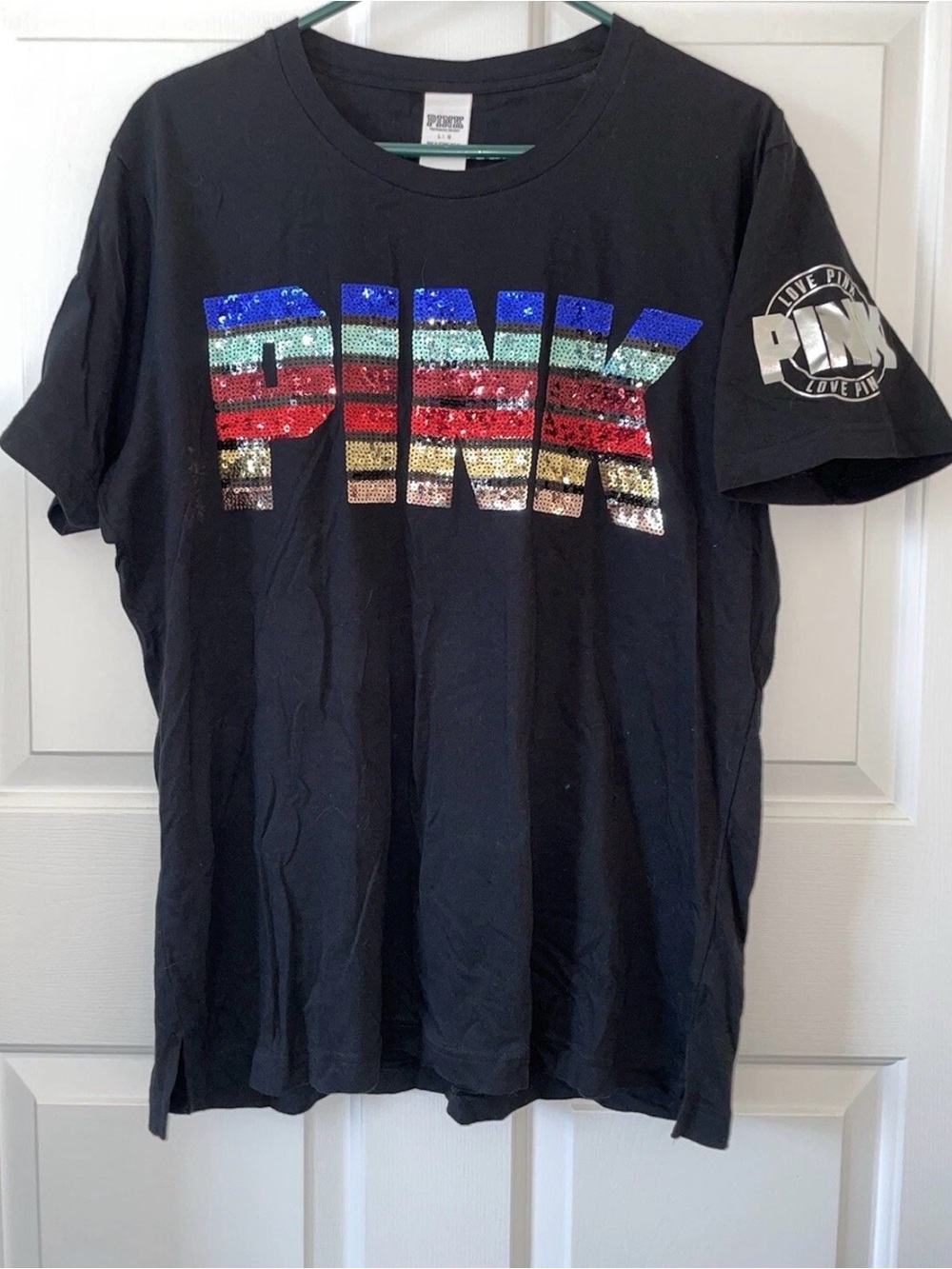 PINK Victoria's Secret Black Short Sleeve Tee with Multi-Color Sequin Logo